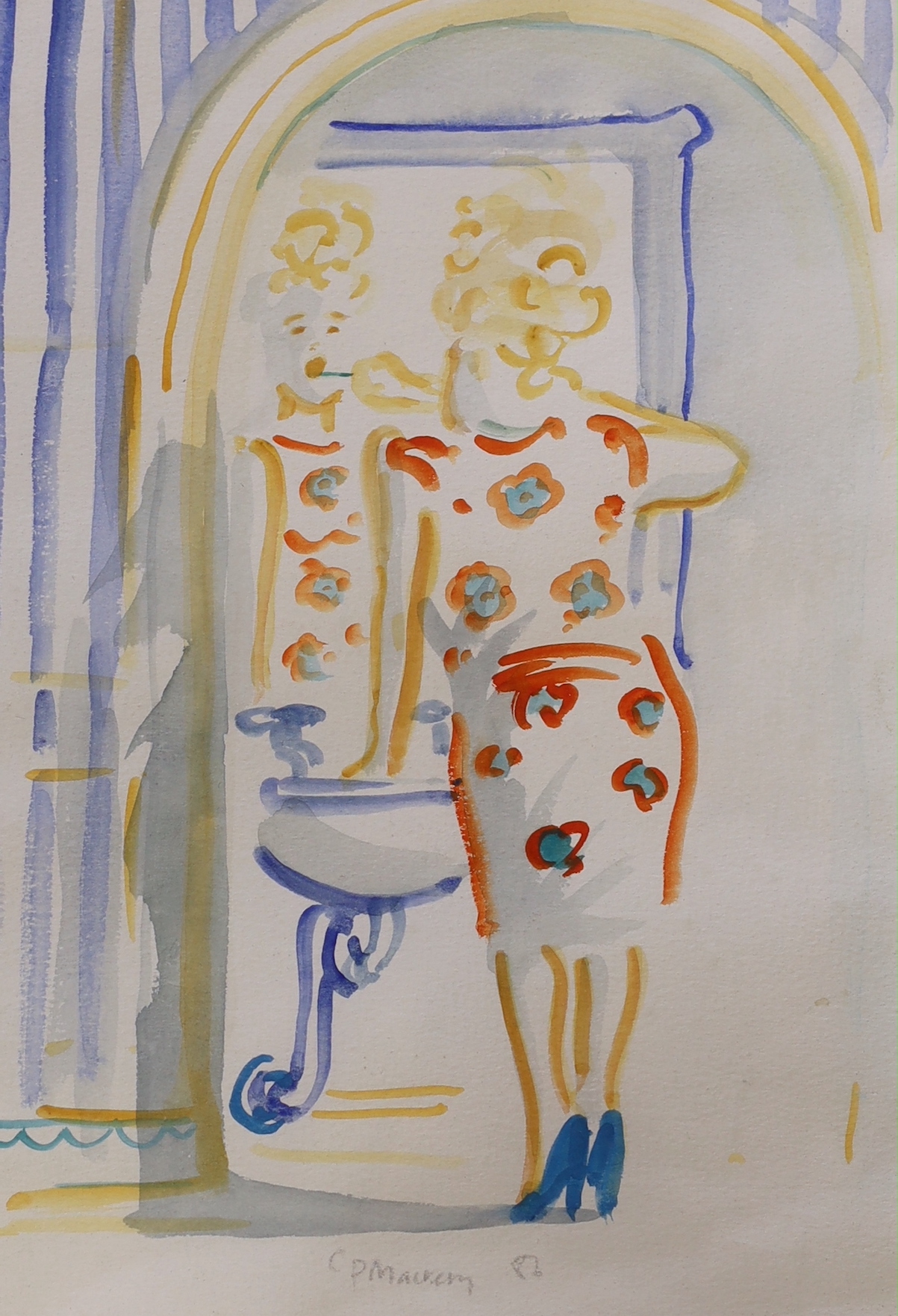Charlie P Mackesy (b.1962) two watercolours, Madame Baynette descendent sur Paris and A lady applying make up in front of the mirror largest 34.5 x 24 cm